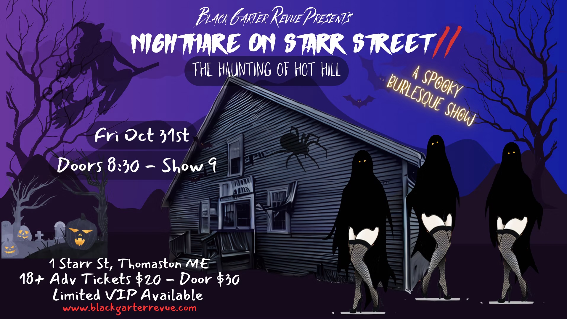 A spooky version of Hot Hill Tavern, complete with fishnet-wearing ghosts, cool jack o lanterns, a witch taking fligh, and a big spider